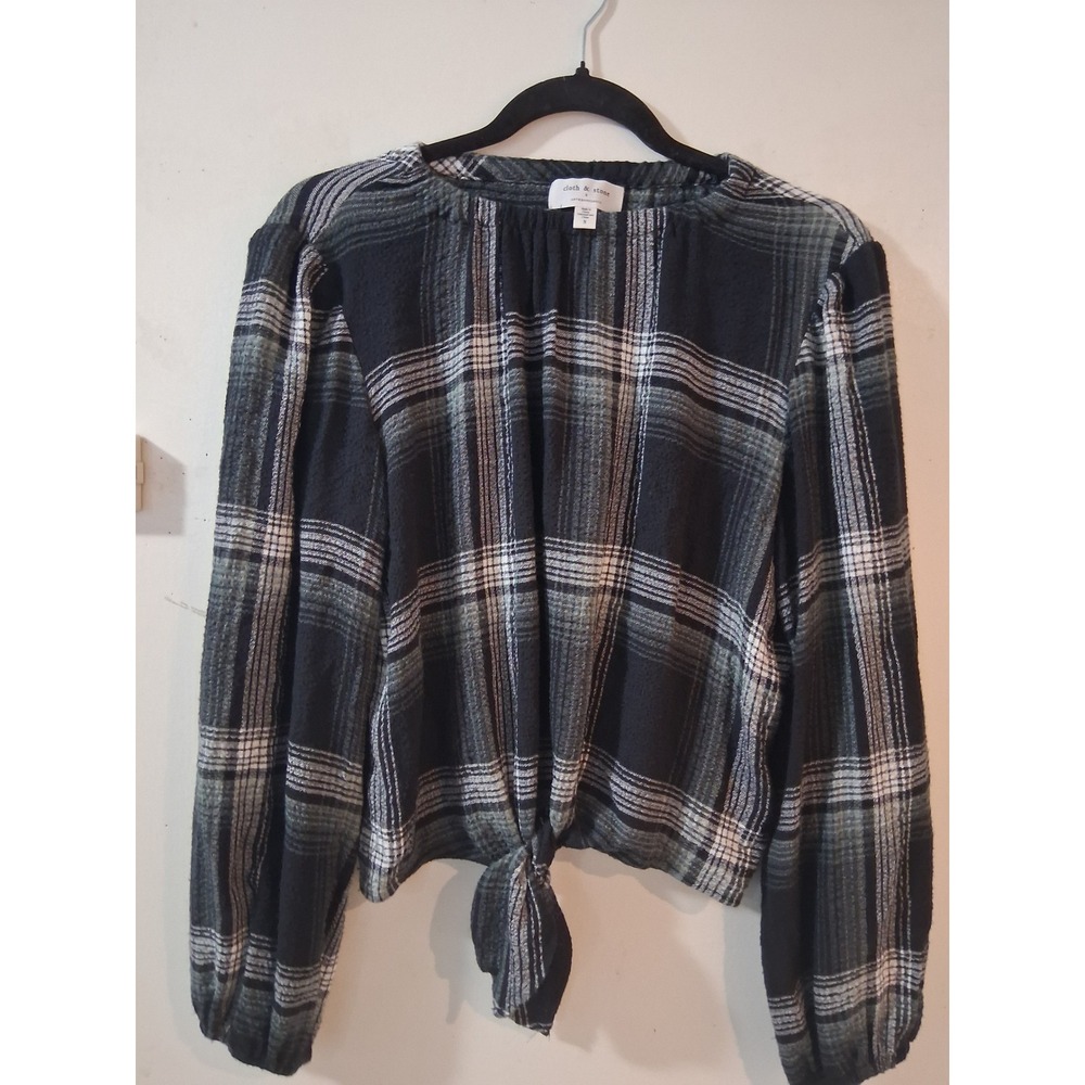Cloth & Stone Anthropologie Plaid Tie Front Top Black Grey White Small Blouse
